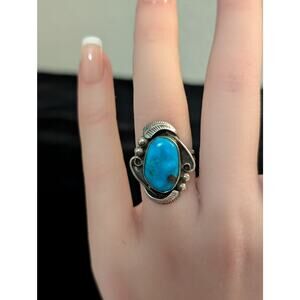 Vtg Southwestern Sterling Blue Turquoise Split Shank Feather Bead Ring Size 5